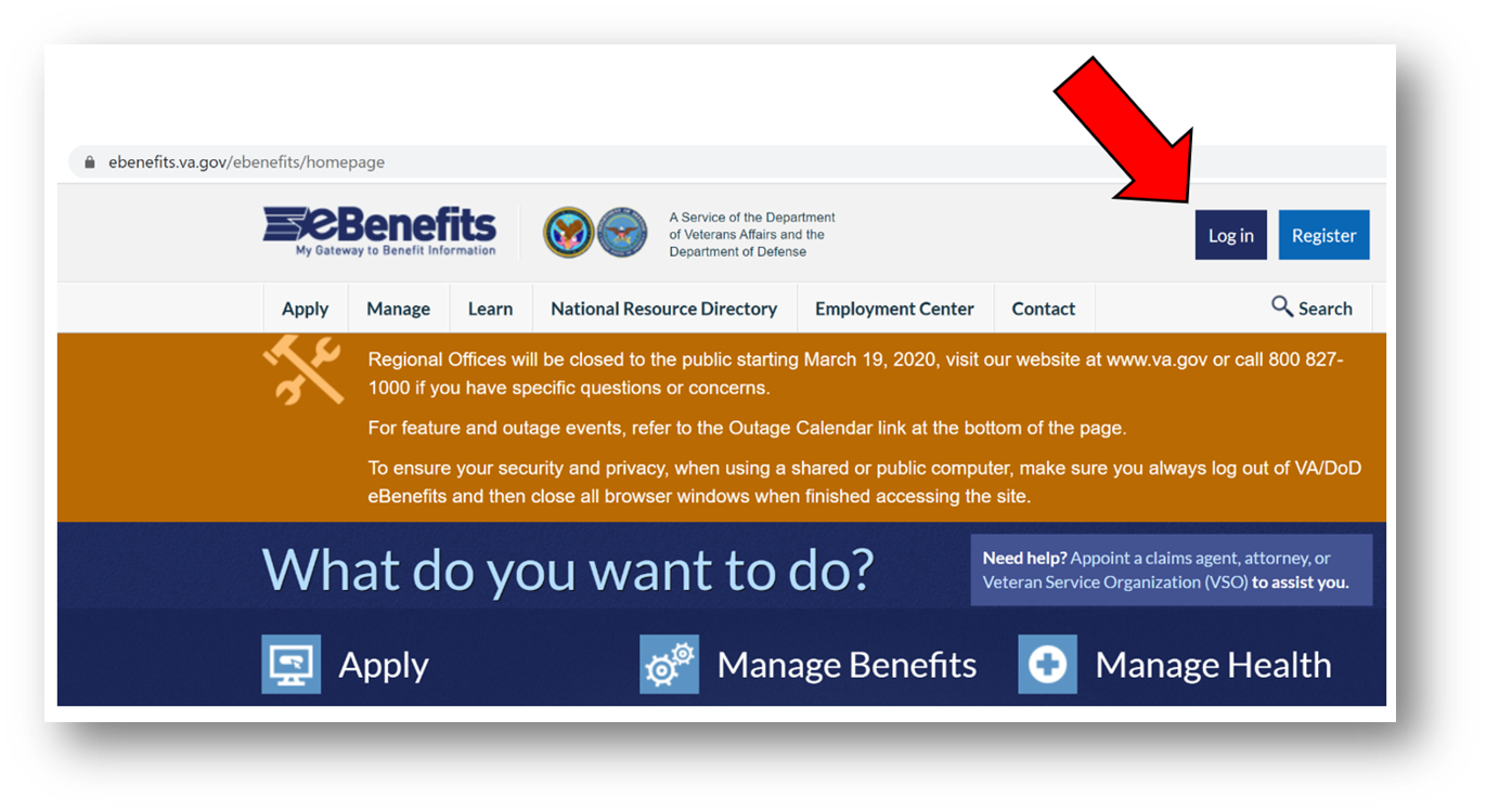 Click Login on eBenefits Homepage in the top right corner of the page. 