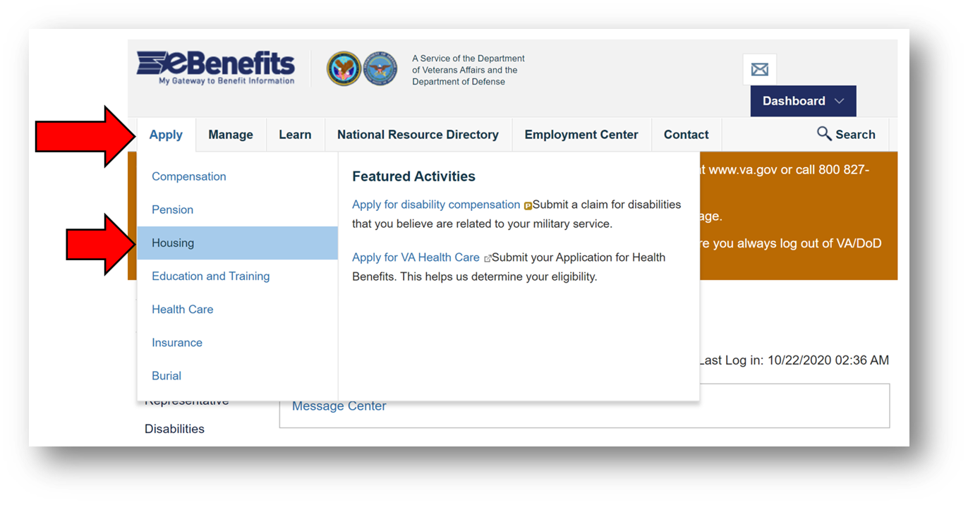 How to get VA COE hover over Apply and click Housing
