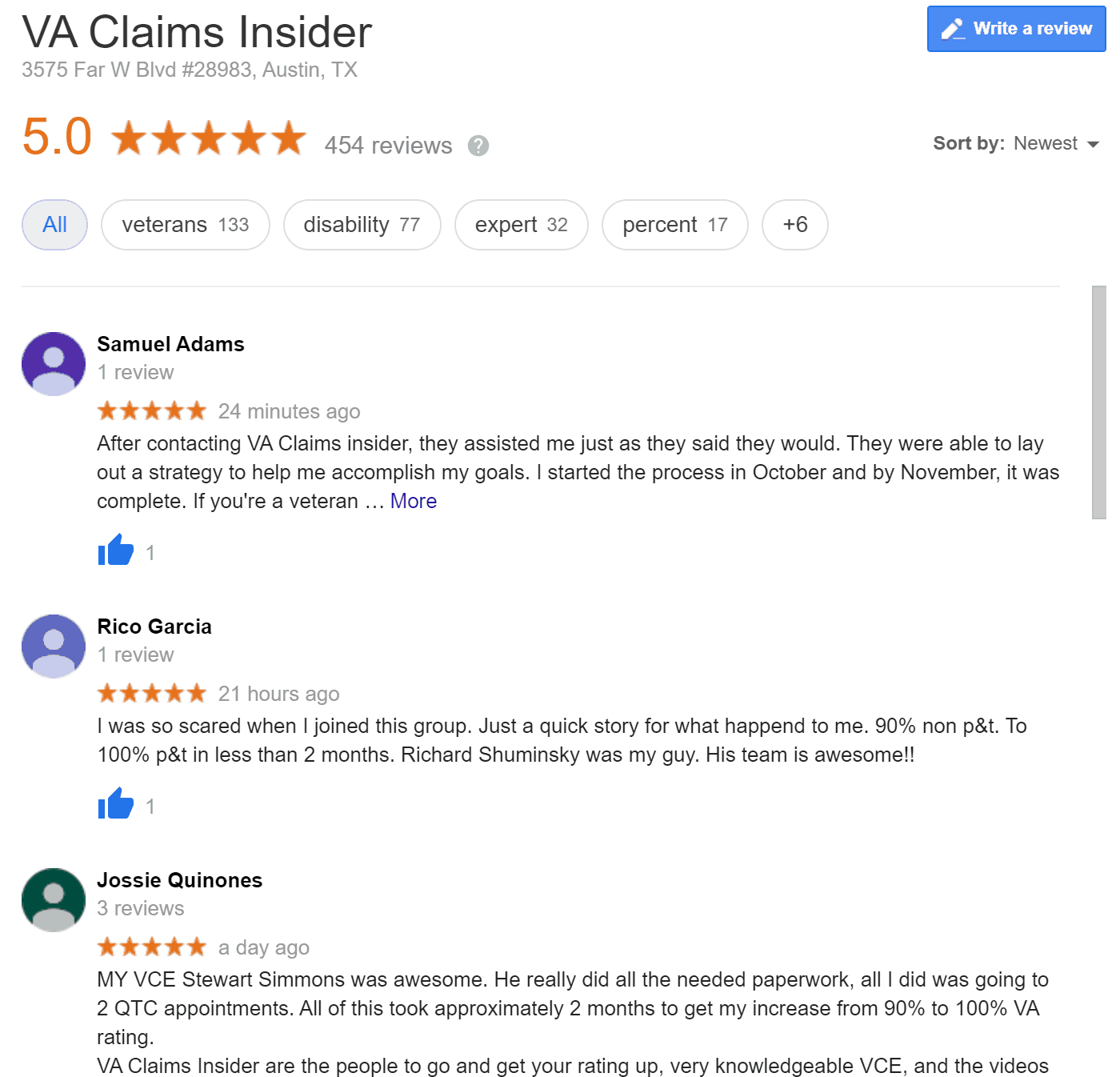VA Claims Insider Google Reviews