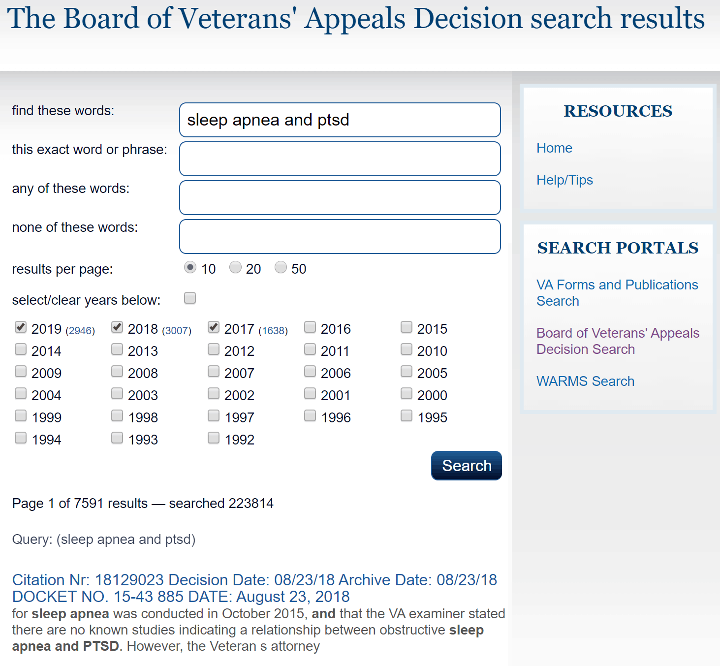 BVA Case Decision Search Example