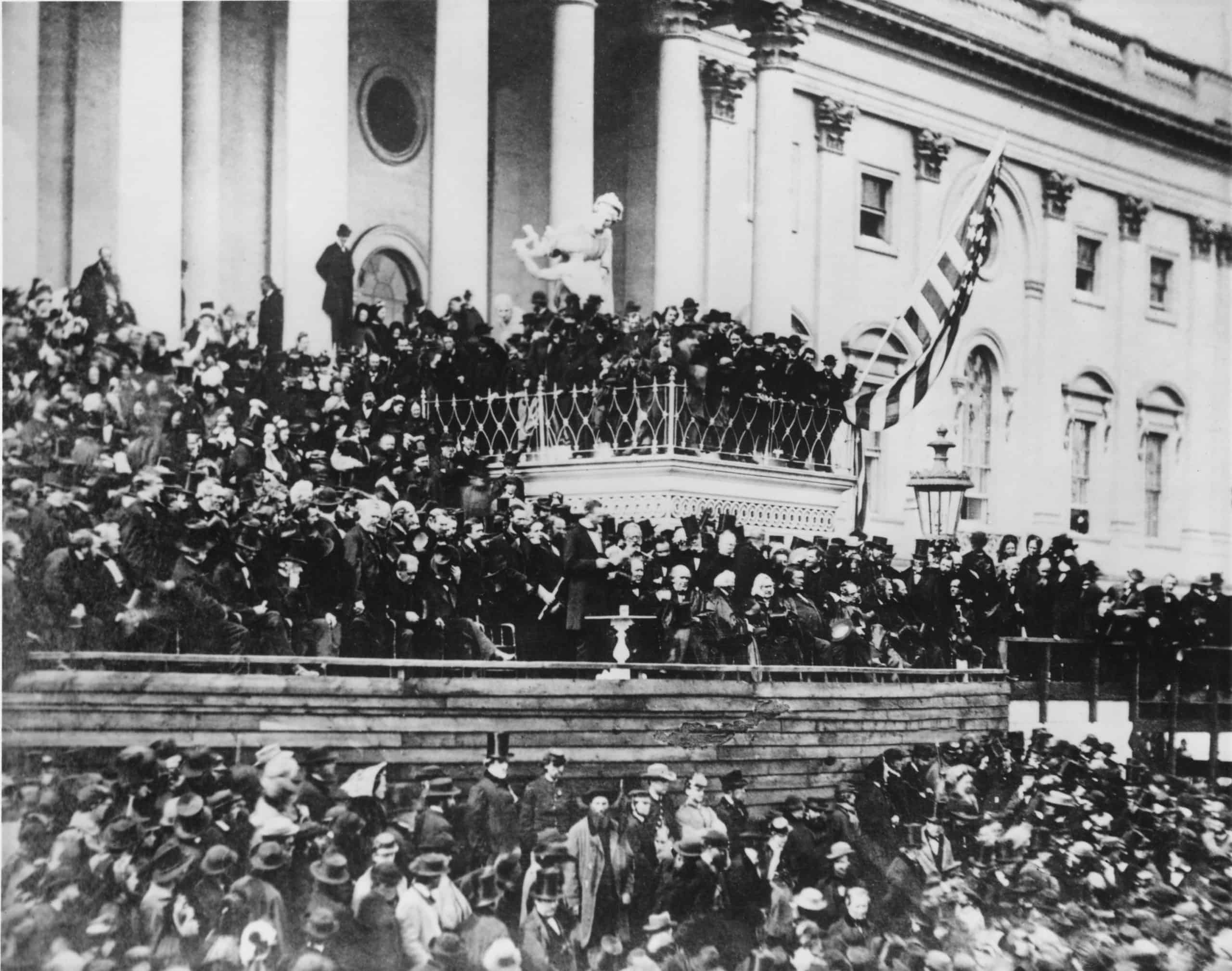 WHY VA? The History of VA and its Legacy of "Serving Those Who Served" Abraham Lincolns delivering his second inaugural address standing center on the east portico of the U.S. Capitol March 4 1865 his second inauguration. scaled