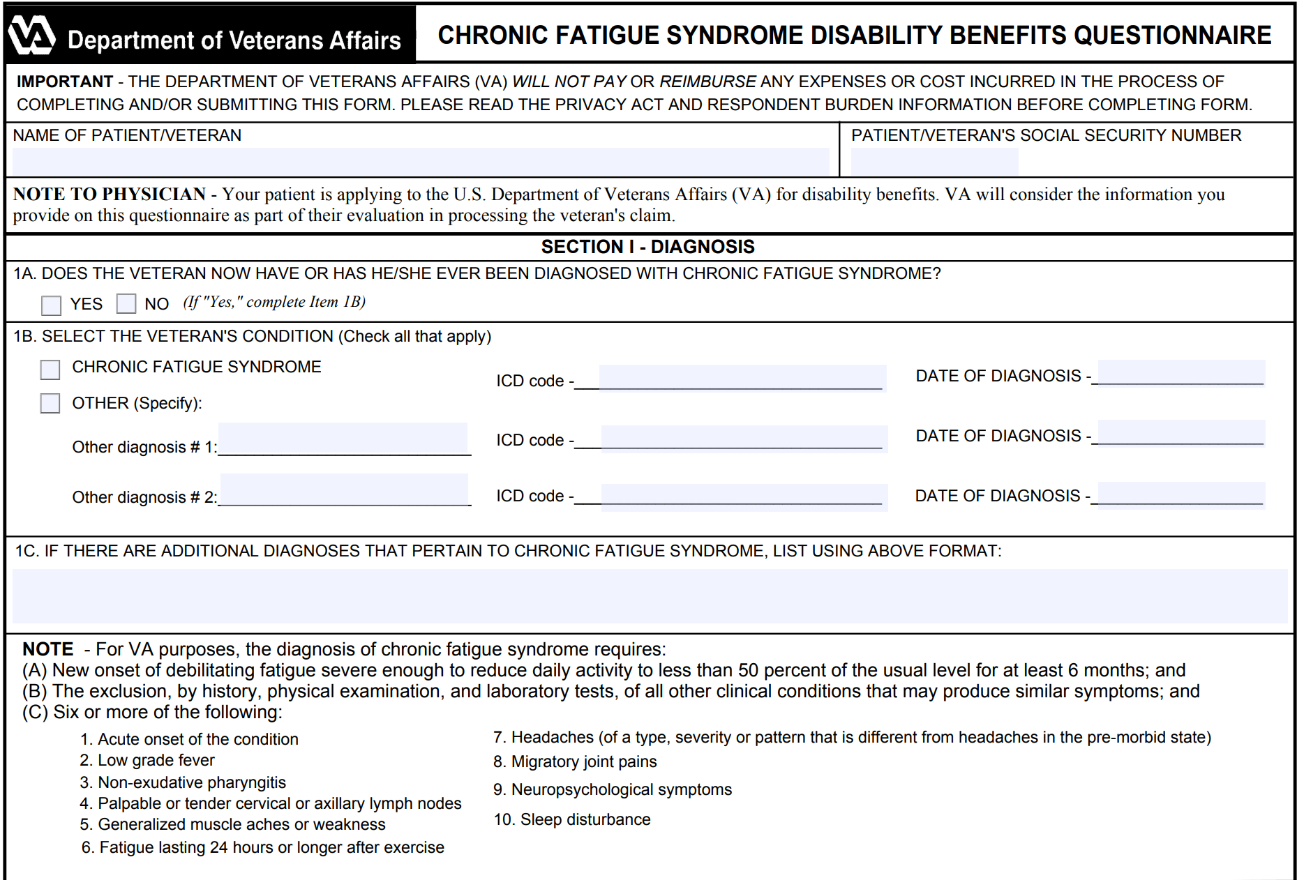 DBQ for Chronic Fatigue Syndrome