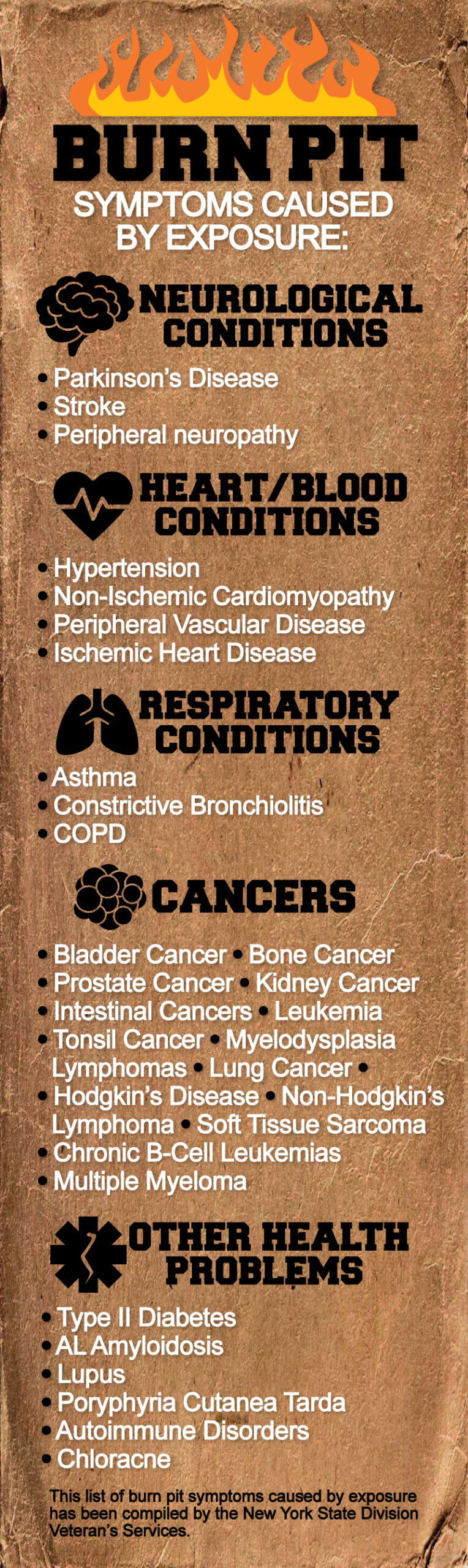 Burn Pit: Symptoms Caused by Exposure Infographic.  Explains neurological conditions, heart / blood conditions, respiratory conditions, cancers, and other health problems tied to Burn Pits. Created by © VA Claims Insider, LLC.