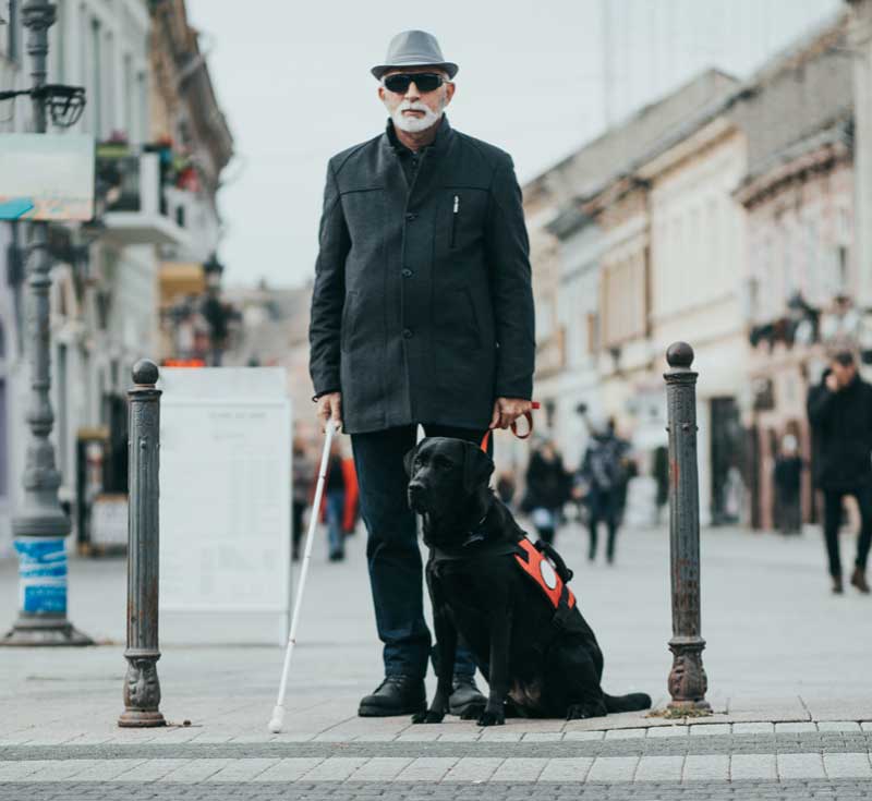 elderly man with white cane and seeing eye dog stand in the middle of european street